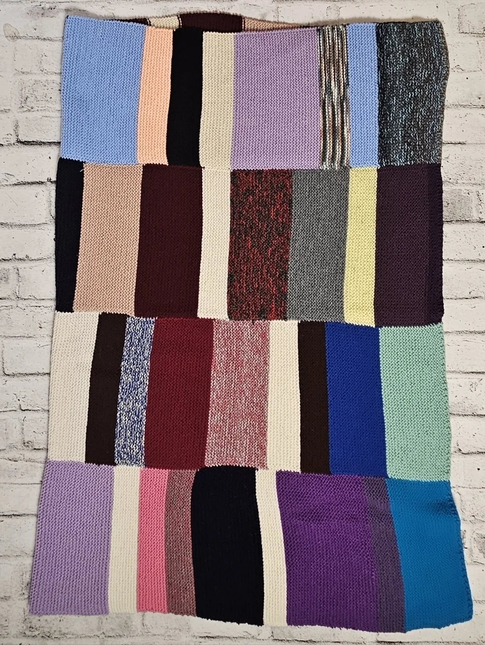 Hand Knit Patchwork Throw Blanket 52x69 Colorblock Boho Vintage Style